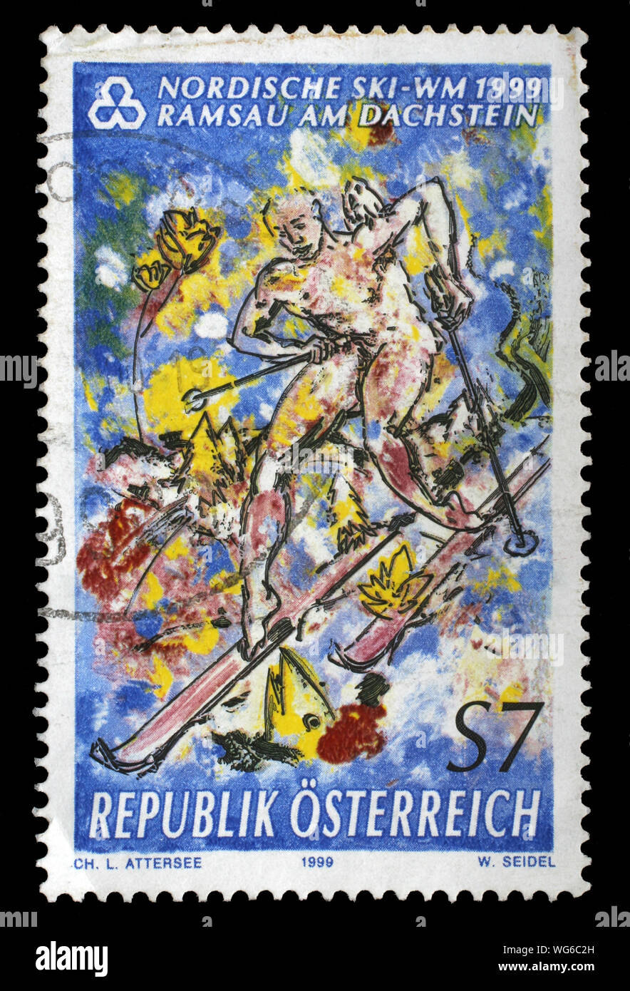 Für die Briefmarke Österreich zeigt die Nordische Ski-WM, Ramsau, Steiermark, ca. 1999. Stockfoto