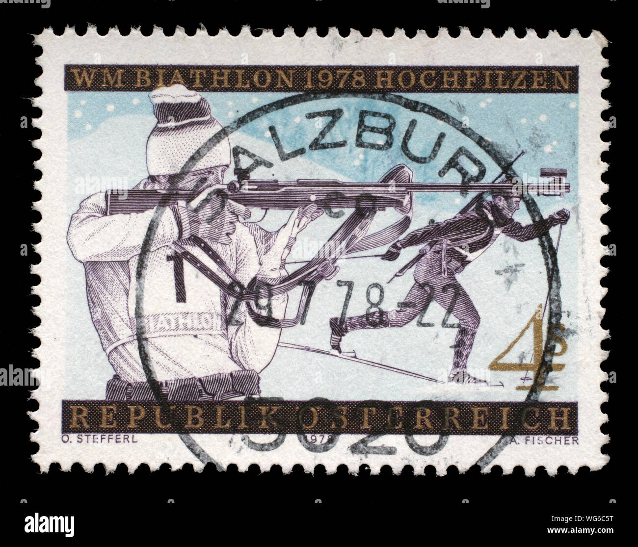 Für die Briefmarke Österreich zeigt Biathlon Weltmeisterschaften, circa 1978. Stockfoto