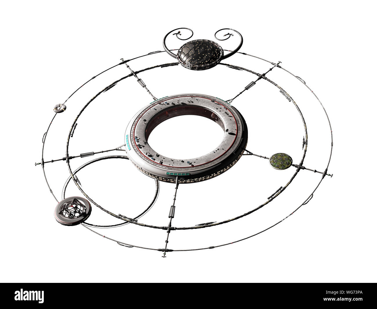 Space Station auf weißem Hintergrund, riesig und hohe Detailtreue Raumfahrzeuge (3d-science fiction Abbildung) Stockfoto