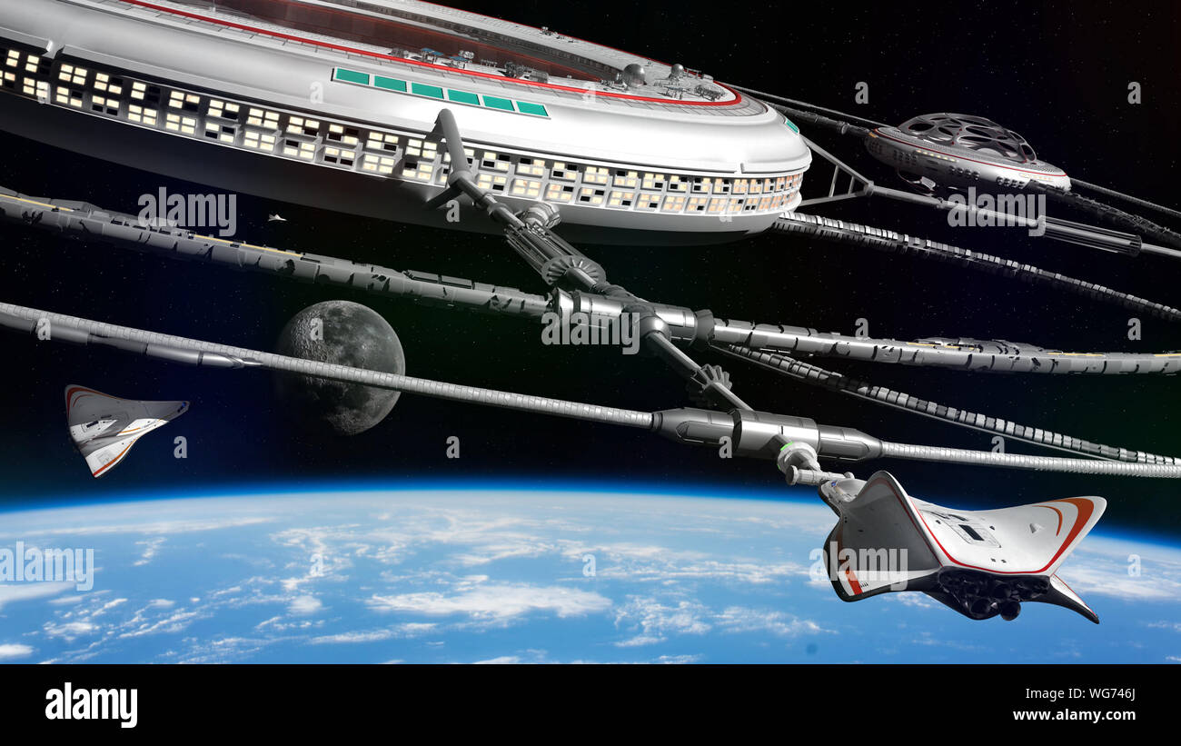 Raumstation in der Umlaufbahn des Planeten Erde, Gateway Plattform zum Mond, futuristische Lebensraum im Weltraum mit Raumschiffen (3d-science fiction Rendering) Stockfoto