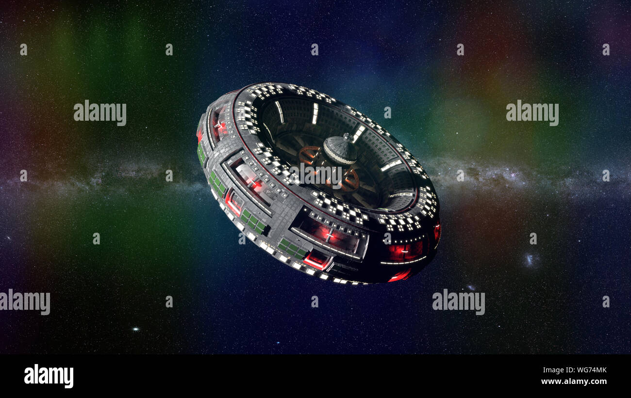 Space station, konzeptionelle Lebensraum vor der Milchstraße (3d-science fiction Abbildung) Stockfoto