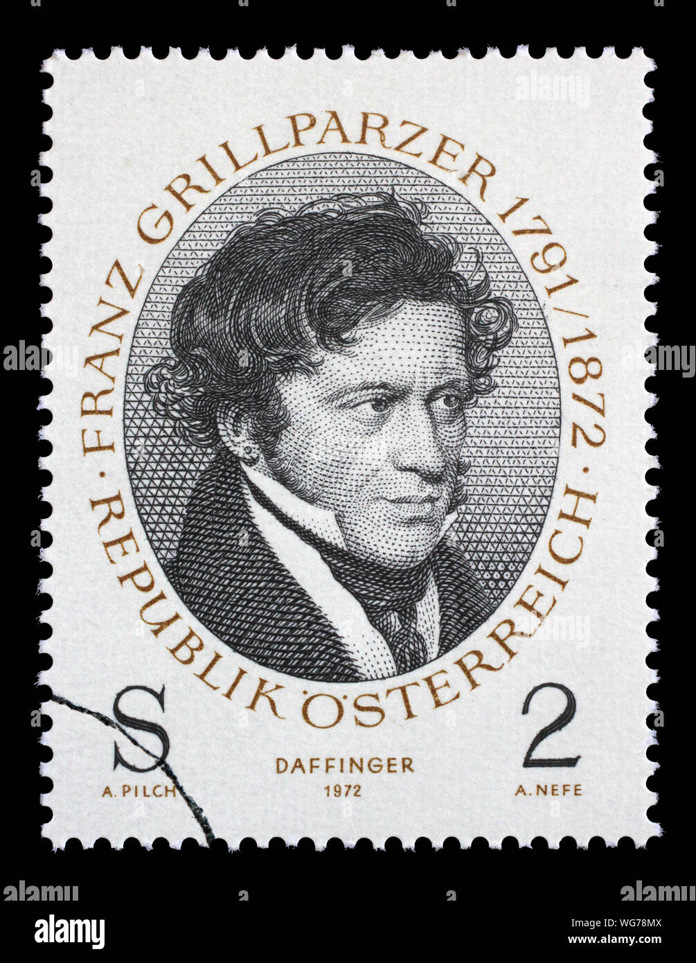 Für die Briefmarke Österreich zeigt Franz Grillparzer (1791-1872) Dichter, von Moritz M. Daffinger, den 100. Jahrestag des Todes, circa 1972. Stockfoto