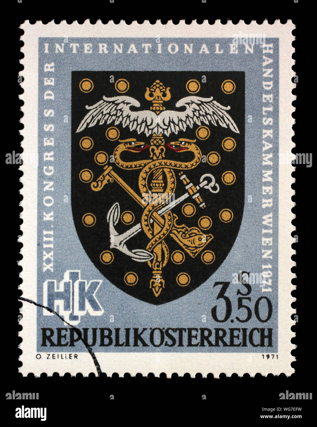 Für die Briefmarke Österreich zeigt das Wappen von Großhändlern (C. 1900), Internationale Handelskammer Kongress, circa 1971. Stockfoto