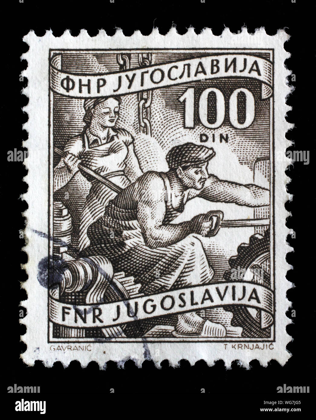Stempel in Jugoslawien ausgestellte zeigt Stahl Arbeitnehmer, lokale Wirtschaft Serie, ca. 1952. Stockfoto