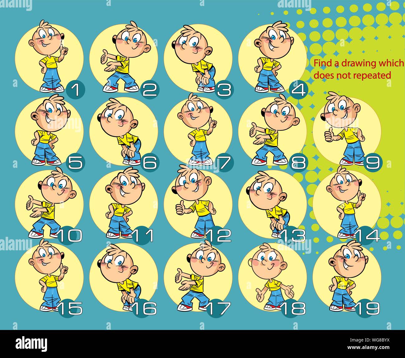 Vector Illustration mit einem Puzzle, wo Sie eine Zeichnung mit einem Jungen, der nicht wiederholt wird finden müssen. Stock Vektor