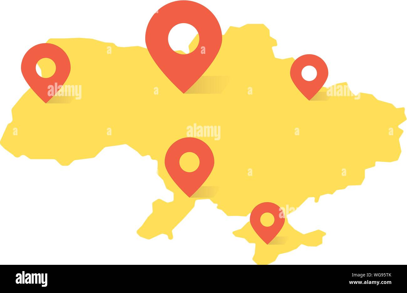 Gelbe ukraine Karte mit rotem Stift auf weißem Hintergrund Stock Vektor
