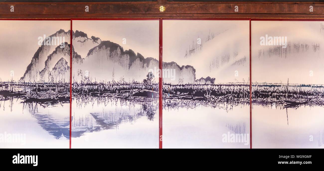 Bild einer Landschaft auf einem Blatt Papier an der Wand, Shoji, Kennin-ji, Tempel, Komatsucho Kenninji, Kyoto, Japan Stockfoto