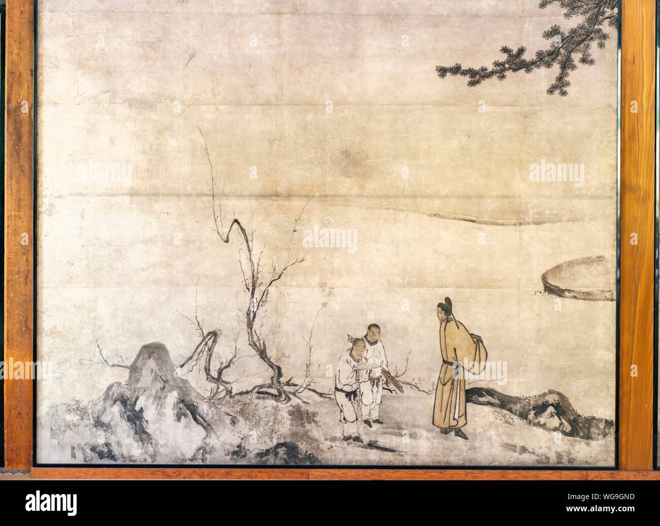 Bilder von japanischen Wissenschaftlern auf einem Blatt Papier an der Wand, Shoji, Kennin-ji, Tempel, Komatsucho Kenninji, Kyoto, Japan Stockfoto