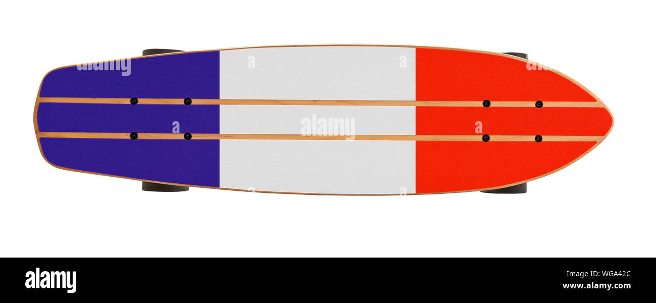 Holz- Skate Board mit der Französischen Flagge auf einen weißen Hintergrund mit Freistellungspfad isoliert Stockfoto
