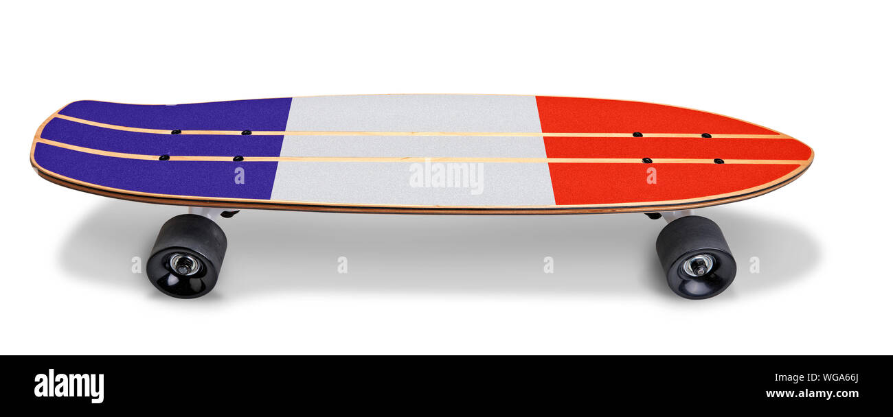 Holz- Skate Board mit der Französischen Flagge auf einen weißen Hintergrund mit Freistellungspfad isoliert Stockfoto