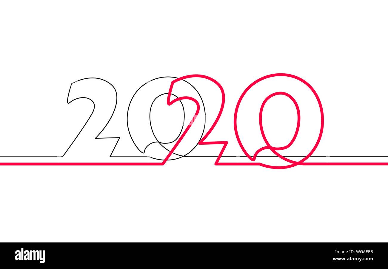 2020 Neue Jahr durchgehenden Line Art. Urlaub Grußkarte Schlagzeile Dekoration. Datum zahlen Konzept Design. Eine Skizze Maßbild weiß vec Stock Vektor