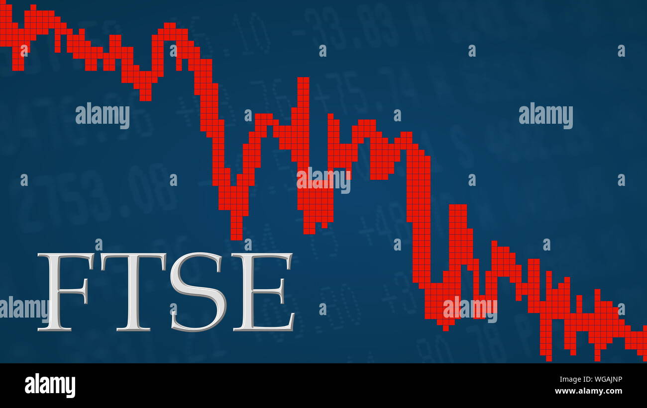 Die britischen Aktienindex FTSE fällt. Die rote Kurve Neben dem Silber FTSE Titel auf einem blauen Hintergrund zeigt nach unten und symbolisiert... Stockfoto