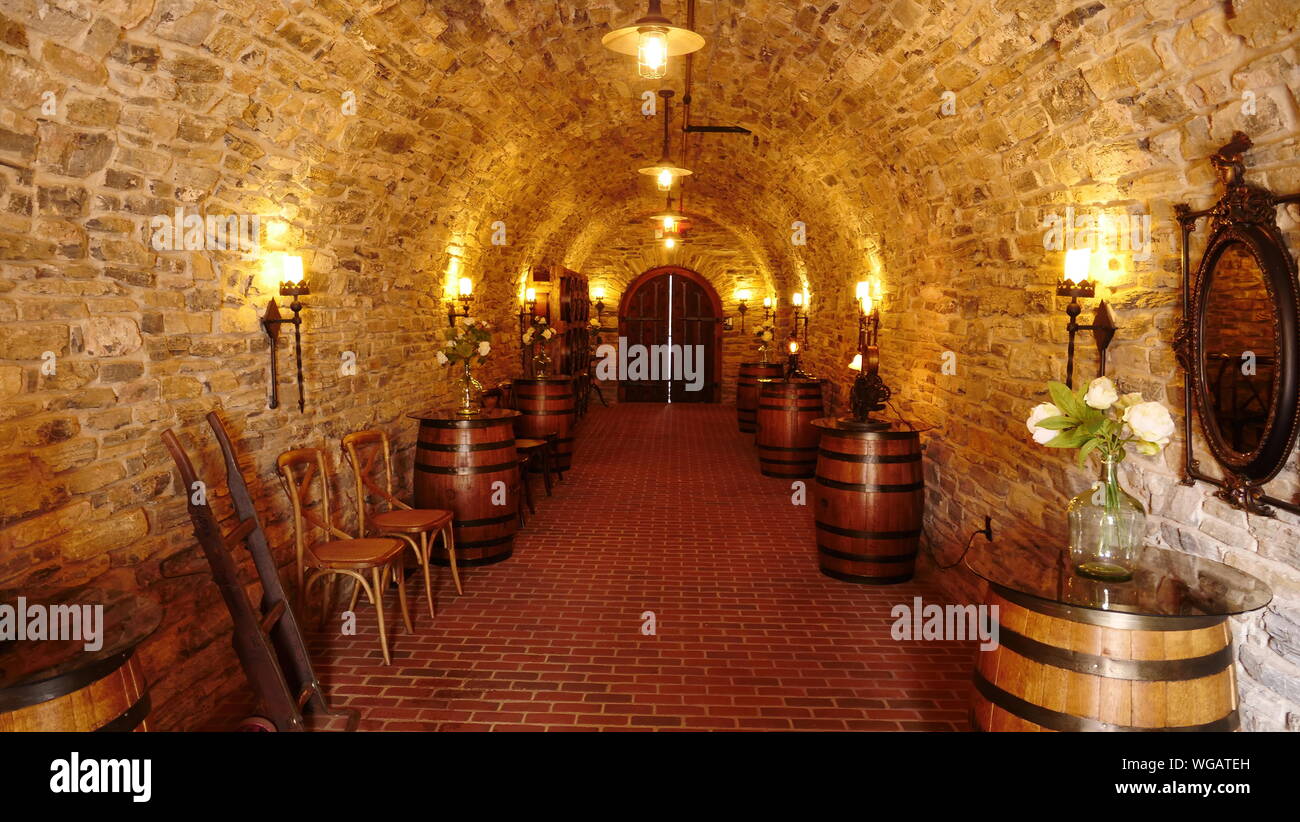 Blick auf ein Weinkeller aus einem Stein Flur Stockfoto