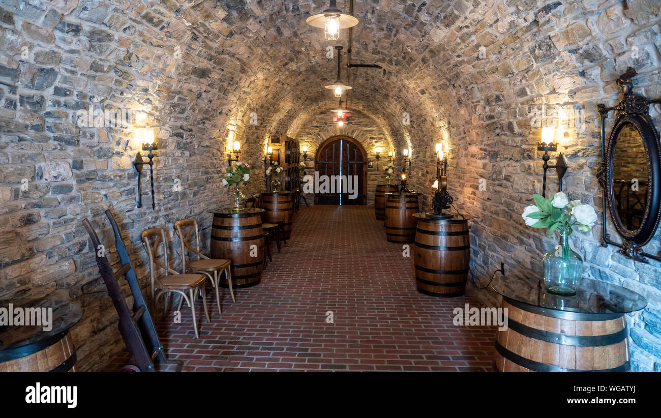 Blick auf ein Weinkeller aus einem Stein Flur Stockfoto