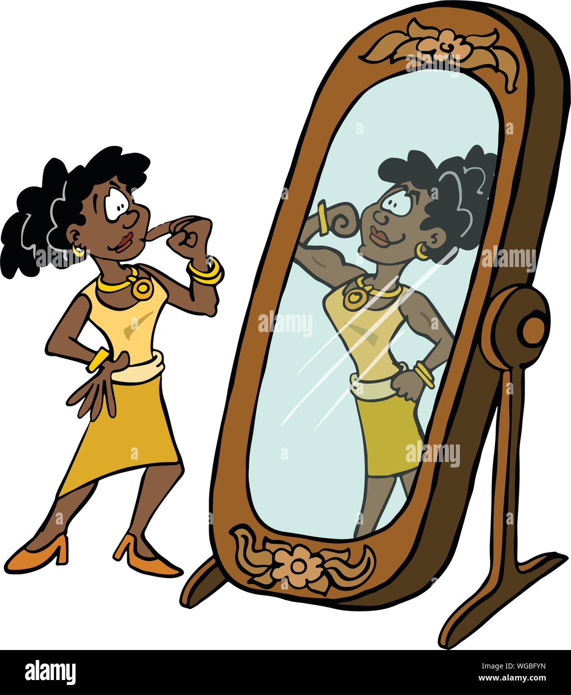 Schwarze Frau Blick in den Spiegel, wie stark sie sein können Stock Vektor