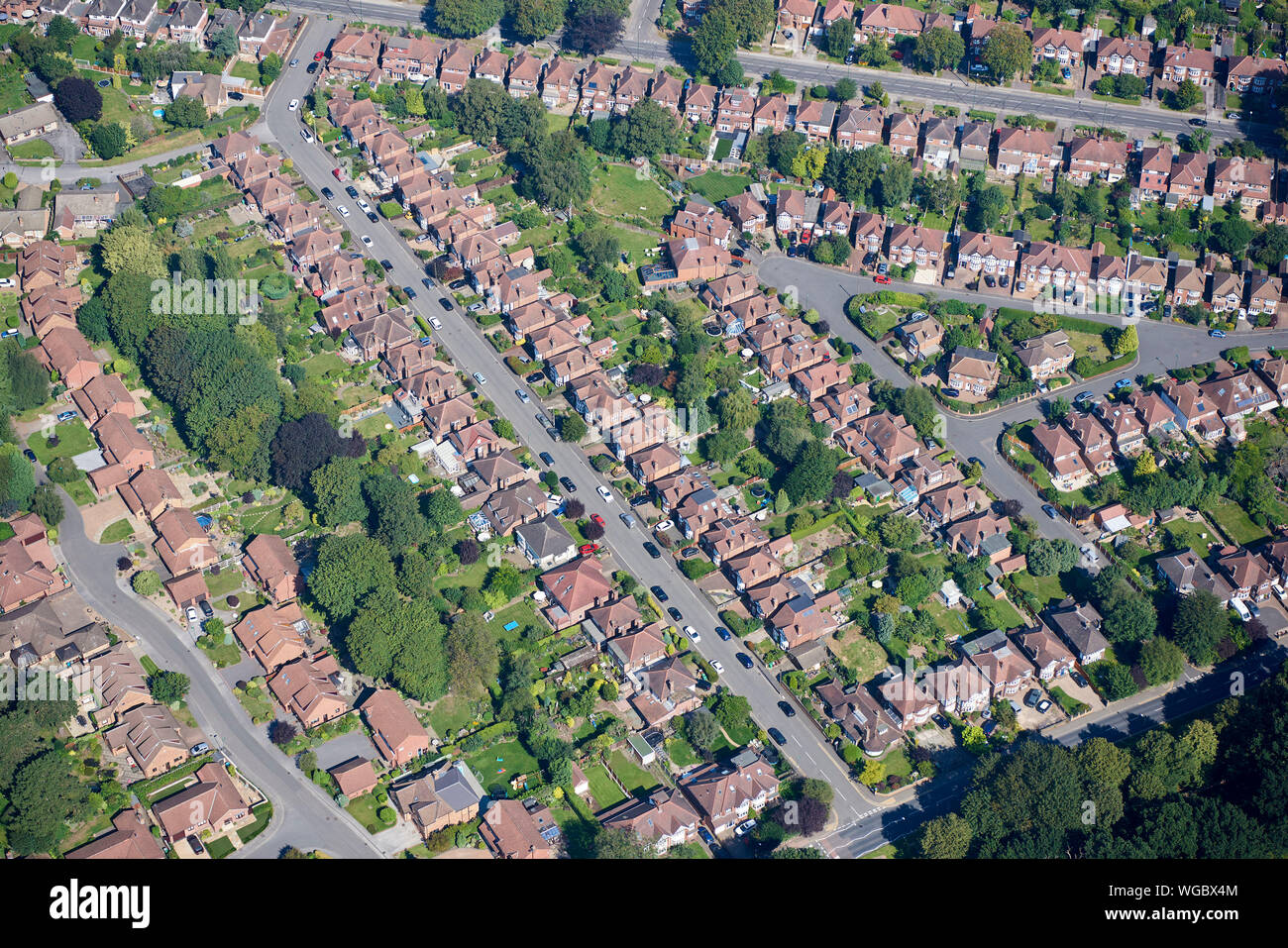 Doppelhaushälfte suburbia aus der Luft, Nottingham, East Midlands, England, Großbritannien Stockfoto