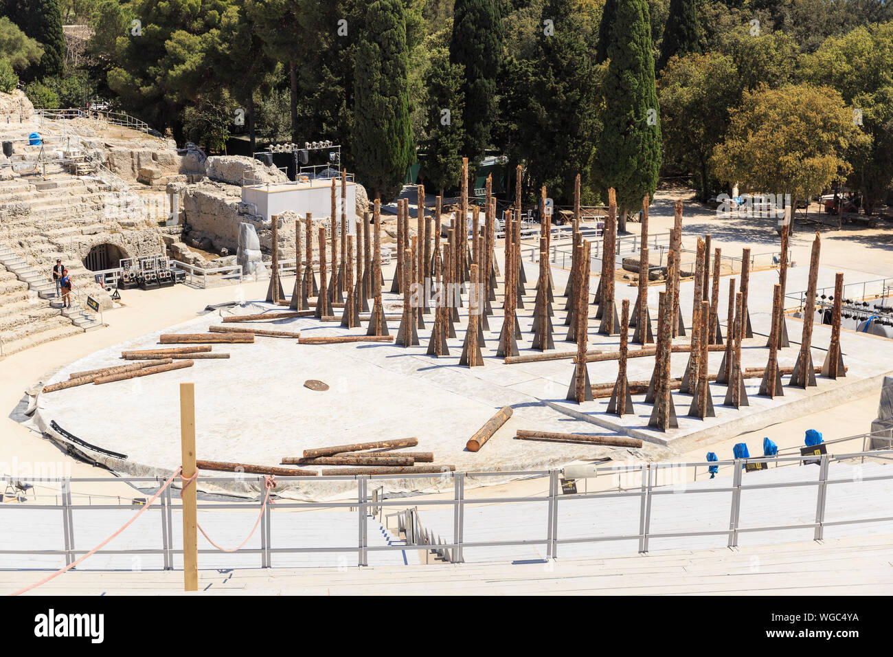 Working Theater Szene des Teatro Greco, griechisches Amphitheater in Siracusa, Frühling sonnigen Tag Stockfoto