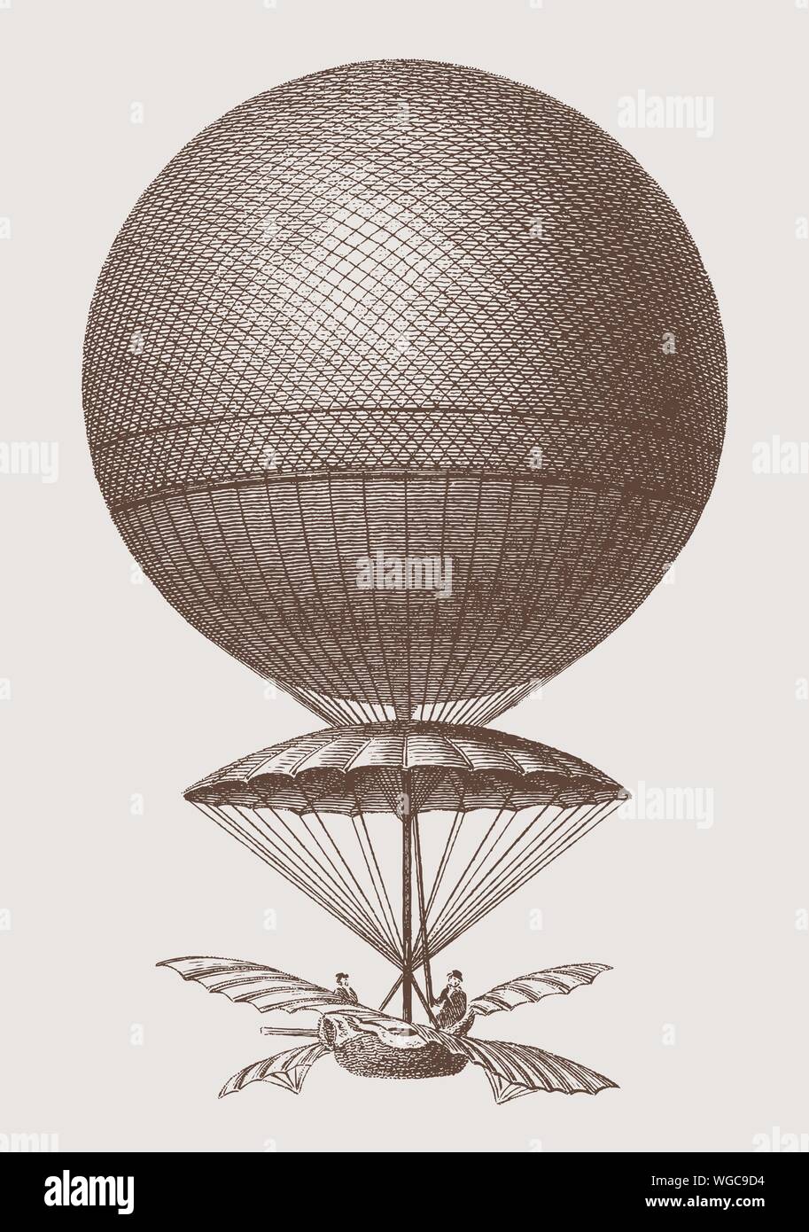 Historische Ballon von Jean-Pierre Blanchard von 1785 absteigend. Abbildung: Nach einem Stich aus dem frühen 19. Jahrhundert. Editierbare Layer Stock Vektor