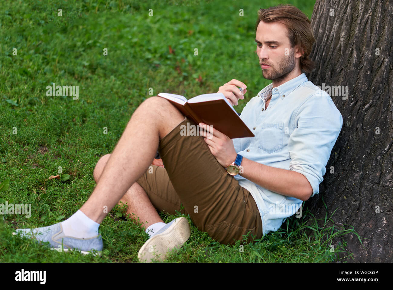Ernster Kursteilnehmer im Park Campus ein Buch lesen. Stockfoto