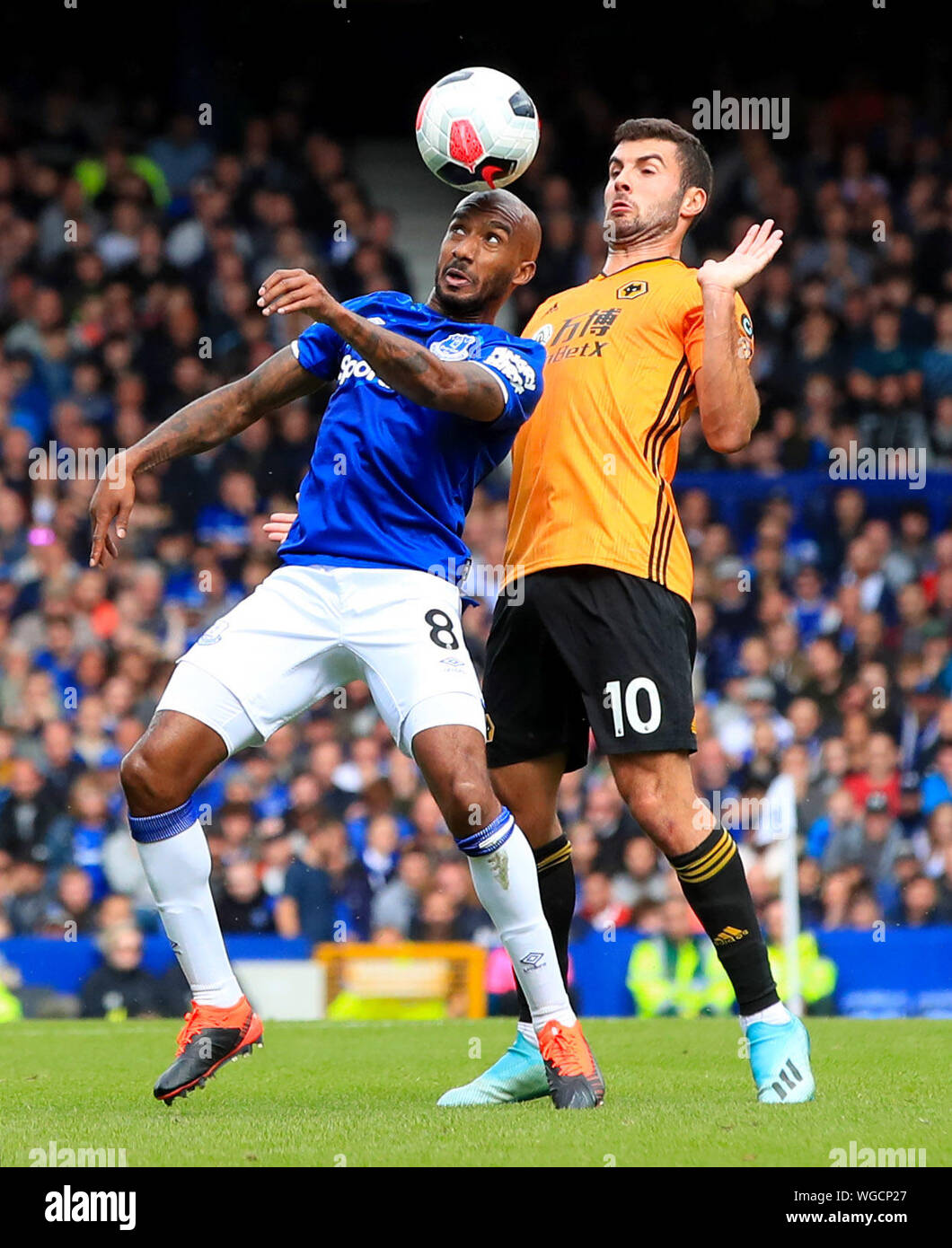 Everton ist Fabian Delph (links) und Wolverhampton Wanderers 'Patrick Cutrone Kampf um den Ball während der Premier League Spiel im Goodison Park, Liverpool. Stockfoto