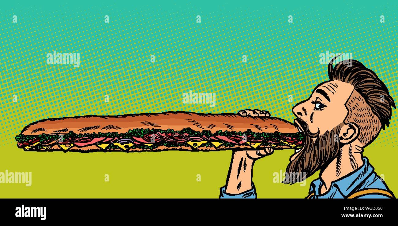 Der Mensch isst eine lange Sandwich. Pop Art retro Vektor stock Illustration Zeichnung Stock Vektor