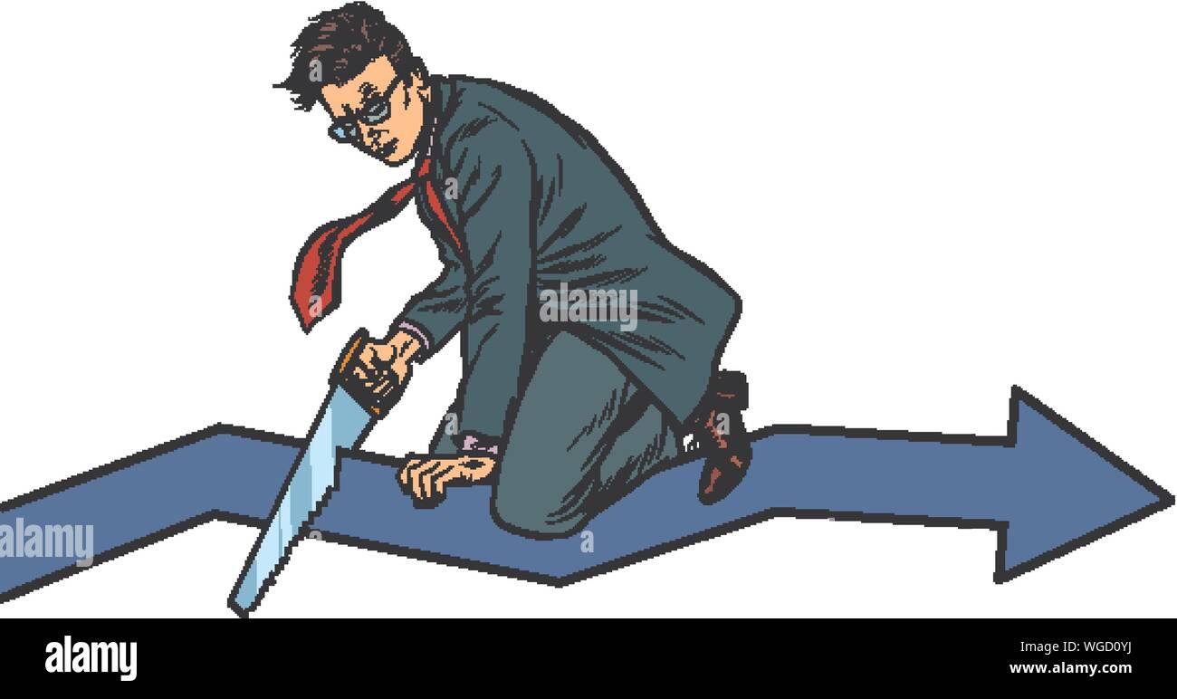 Geschäftsmann sägen Kurve graph. Selbstzerstörung Dummheit und Konkurs. Inkompetenz. Pop Art retro Vektor illustration Zeichnung Stock Vektor