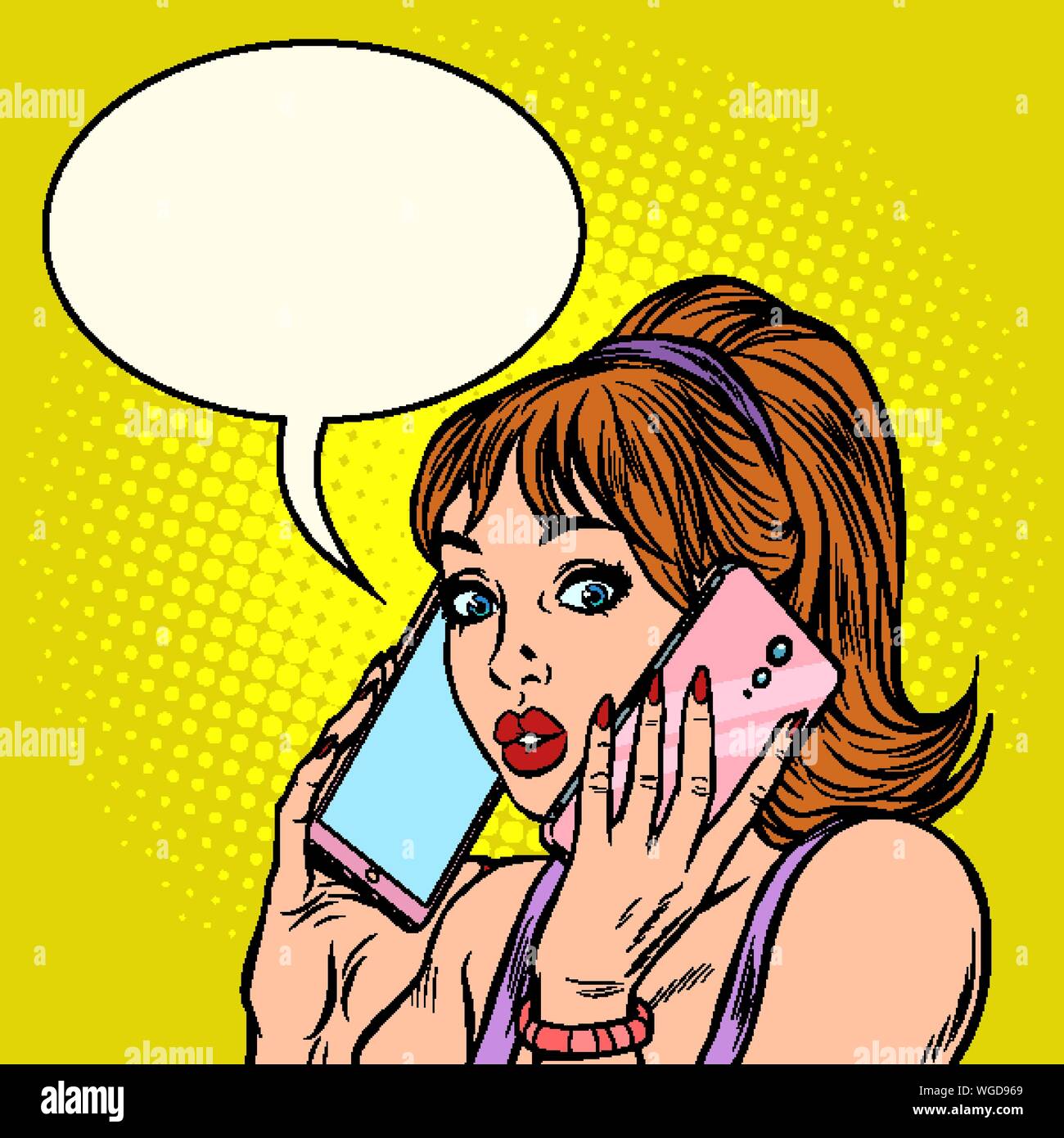 Schwere Frau im Gespräch auf zwei Telefonen gleichzeitig. Pop Art retro Vektor illustration Zeichnung Stock Vektor