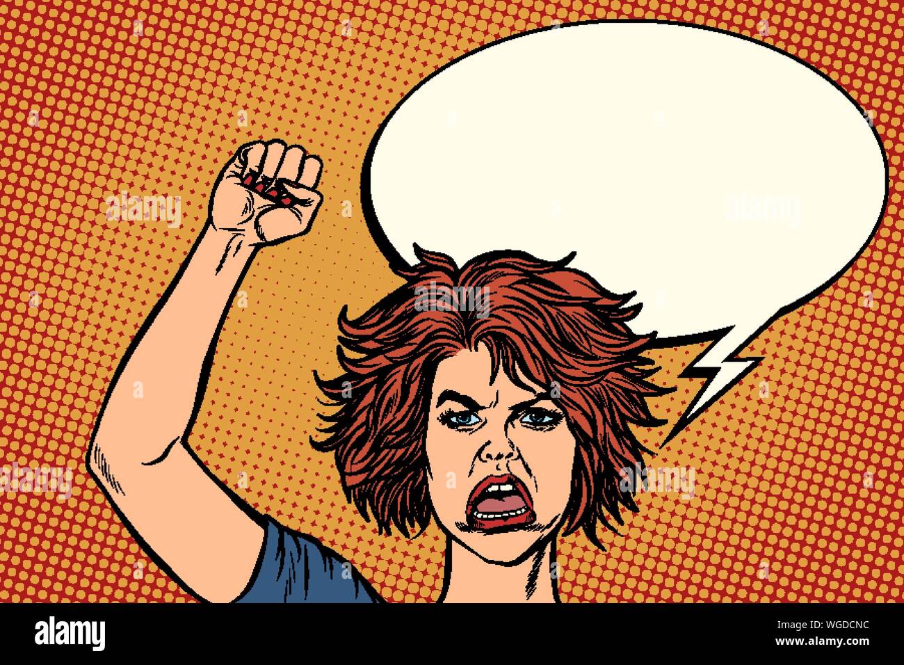 Wütend Demonstrant Frau, Rallye widerstand Freiheit Demokratie. Pop Art retro Vektor illustration Zeichnung Stock Vektor