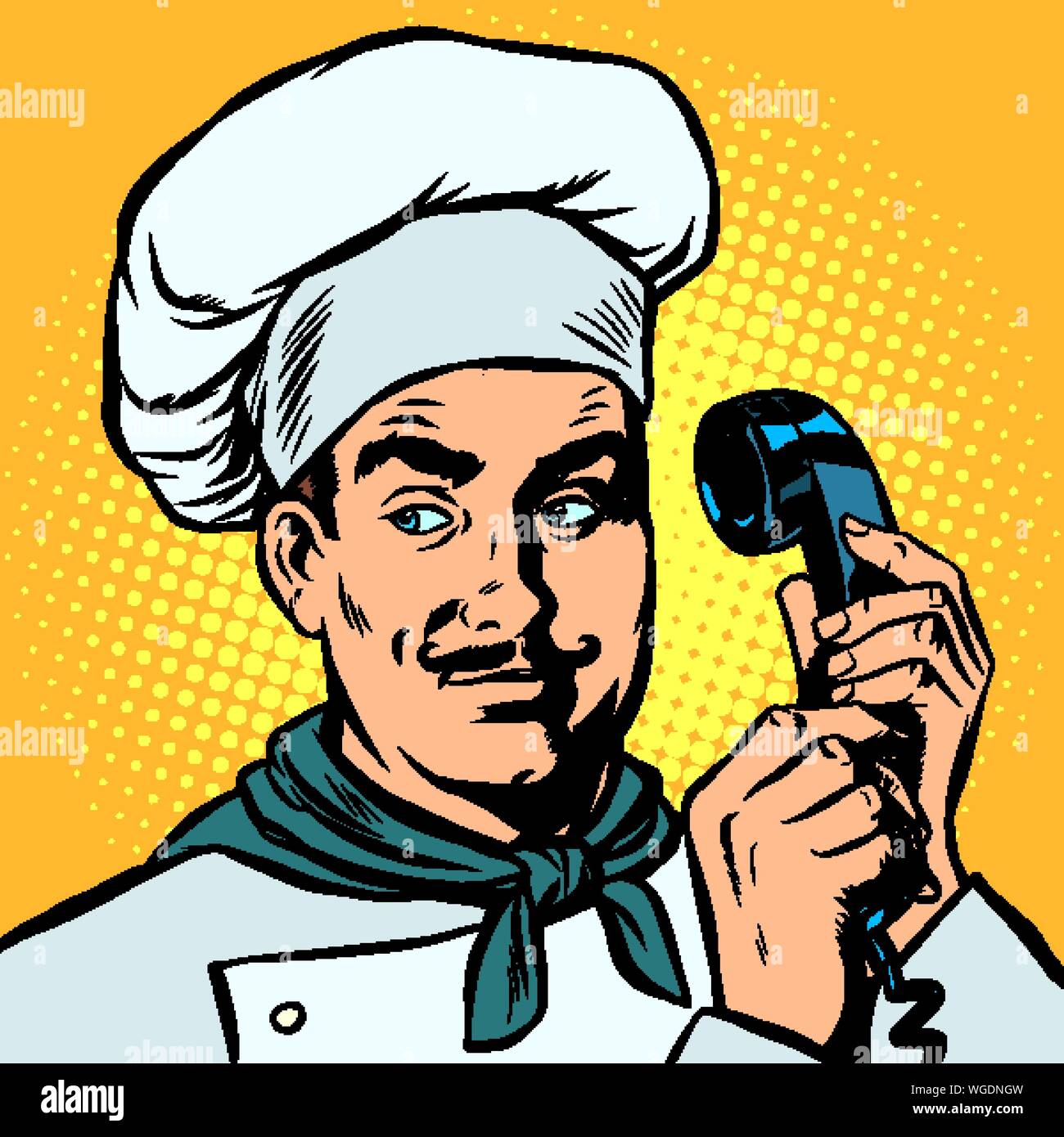 Lebensmittel-lieferservice. Koch nimmt Bestellungen per Telefon. Pop Art retro Vektor illustration Zeichnung Stock Vektor