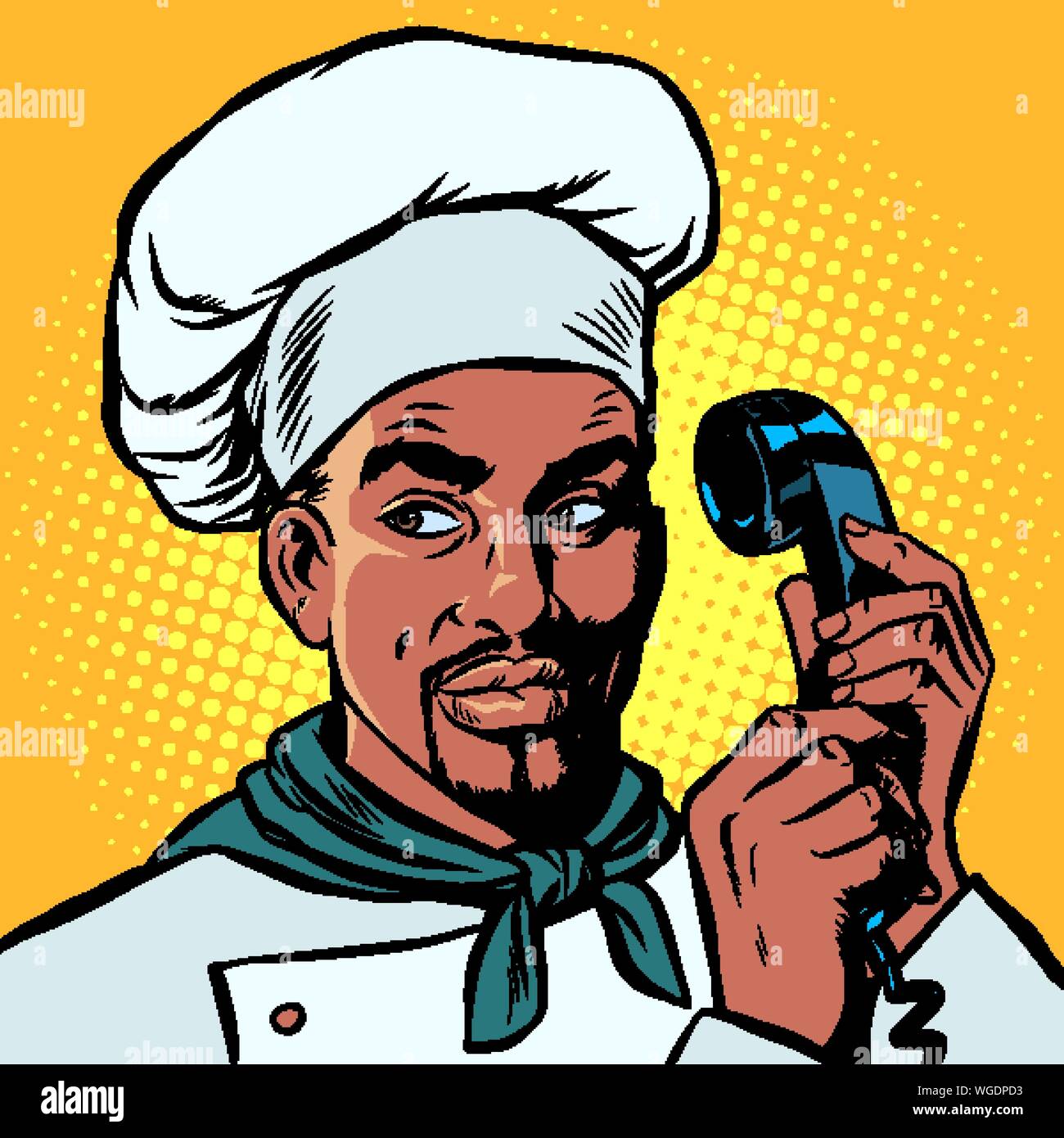 Lebensmittel-lieferservice. Afrikanische Koch nimmt Bestellungen per Telefon. Pop Art retro Vektor illustration Zeichnung Stock Vektor