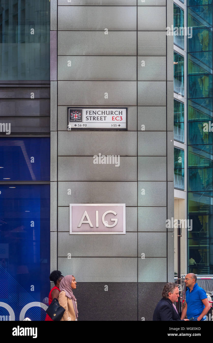 AIG Europe HQ oder Hauptsitz in der Fenchurch Street 58 in der City of London Financial District. 2003 fertiggestellt, die Architekten Kohn Pedersen Fox Associates Stockfoto