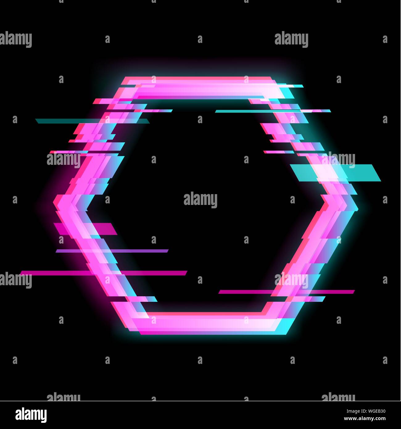 Bunte glitch Hexagon geometrische Form, Frame mit neon glitch Wirkung Stock Vektor