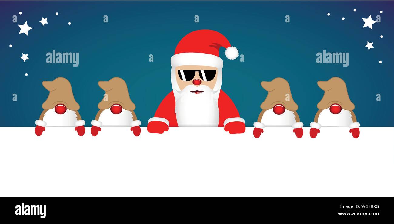Cute Santa Claus mit Brille und seine Zwerge weiße Banner Vektor-illustration EPS 10. Stock Vektor
