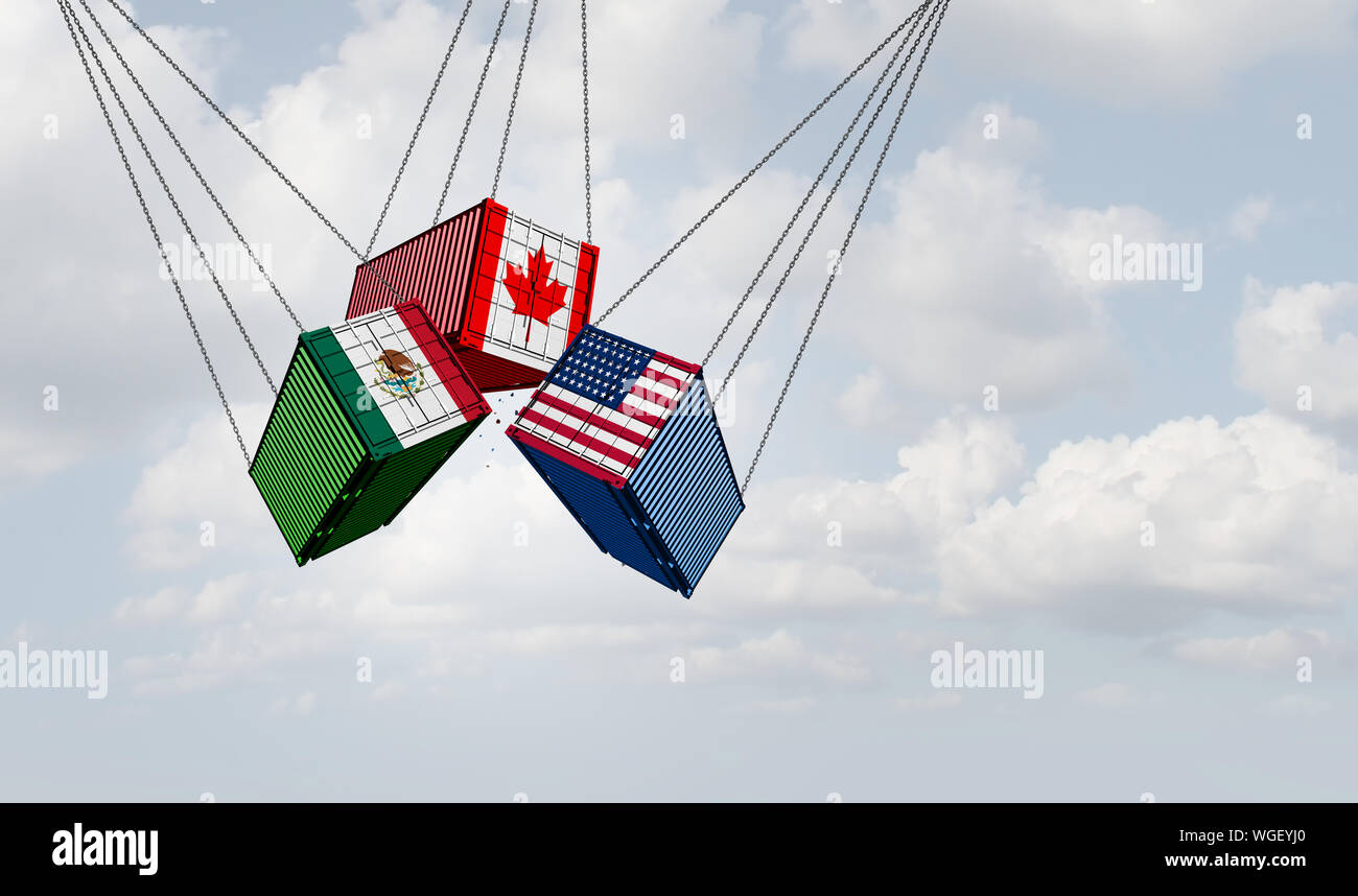USMCA Nordamerika oder die neue NAFTA USA Mexiko Kanada abkommen Symbol mit Flaggen als Handelsabkommen Verhandlungen und wirtschaftlichen Abkommen. Stockfoto