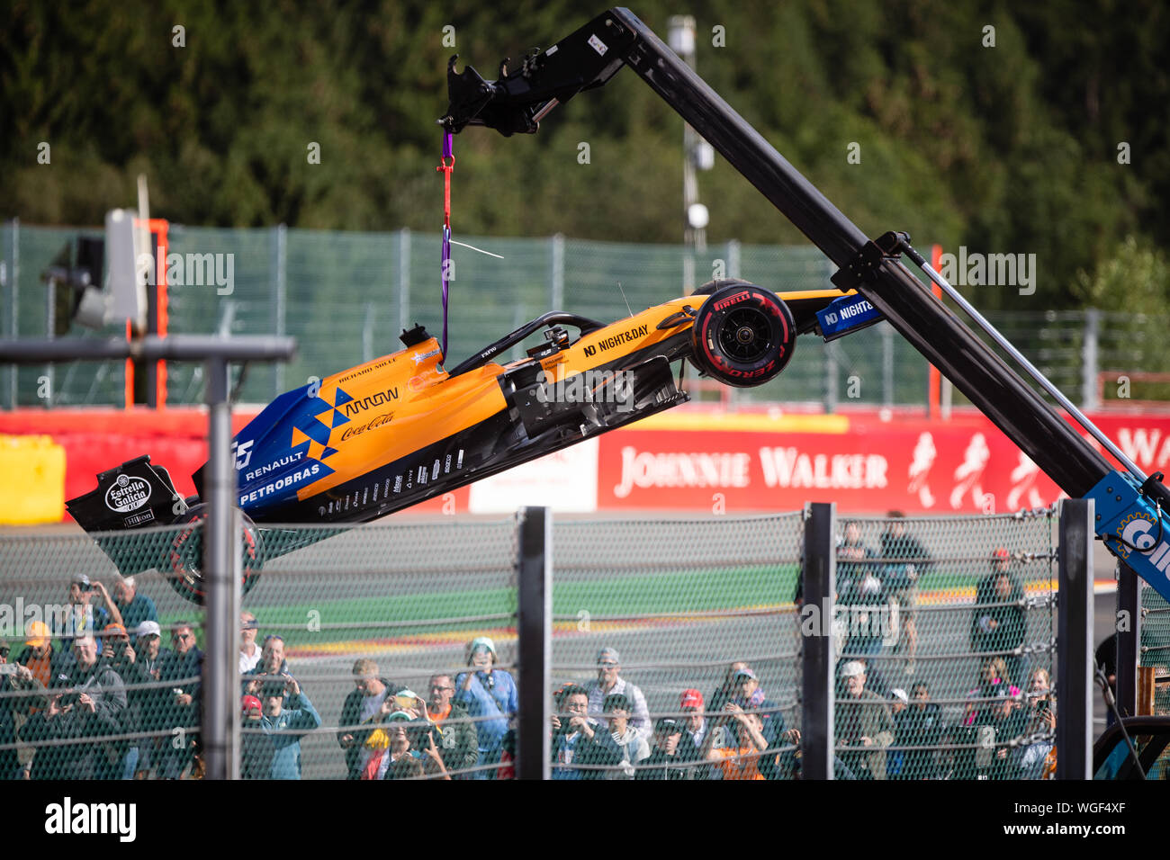 Spa, Belgien. 01 Sep, 2019. Die betroffenen McLaren von Lando Norris, die von den belgischen Grand Prix erst kurz vor der Rente, auf die Gitter. Credit: Broadhead/Alamy leben Nachrichten Stockfoto