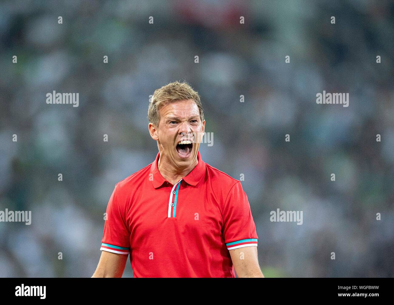 Jubel Trainer Julian NAGELSMANN (L) Fußball 1. 1. Fussballbundesliga, 3. Spieltag, Borussia Mönchengladbach (MG) - RB Leipzig (L)) 1:3, am 30.08.2019 im Borussia Mönchengladbach/Deutschland. € | Nutzung weltweit Stockfoto