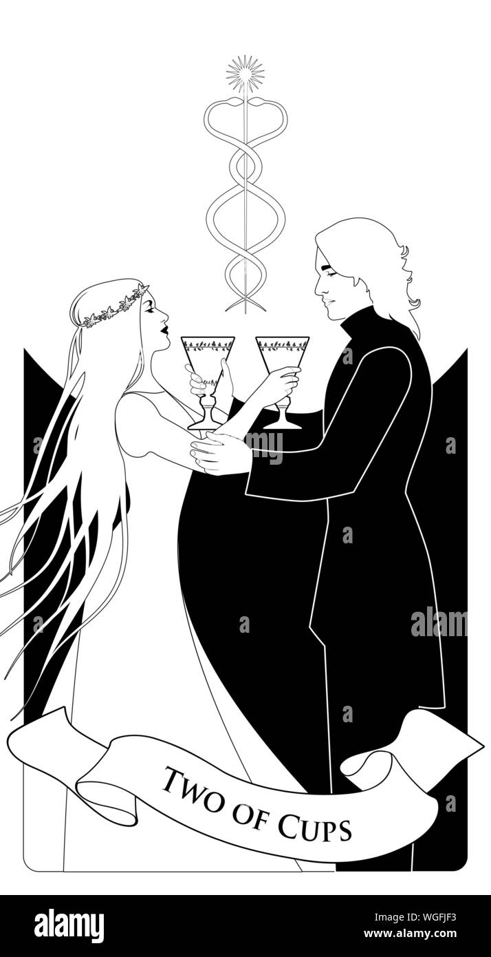 Zwei Tassen. Tarot Karten. Junges Paar mit einer goldenen Schale. Caduceus Symbol von zwei verschlungenen Schlangen Stock Vektor