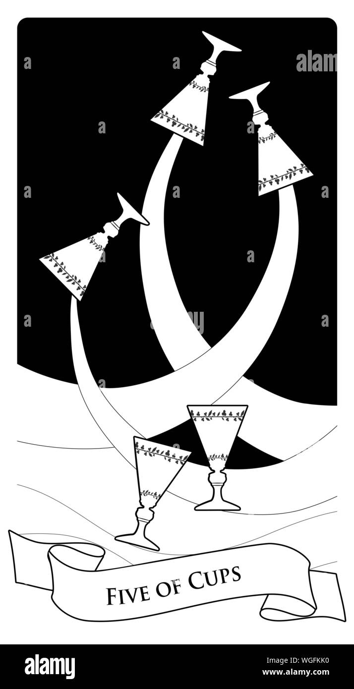 Fünf Tassen. Tarot Karten. Drei goldene Becher verschütten ihre Inhalte über ein Meer oder Fluss und zwei goldene Becher schweben über die Wellen. Stock Vektor