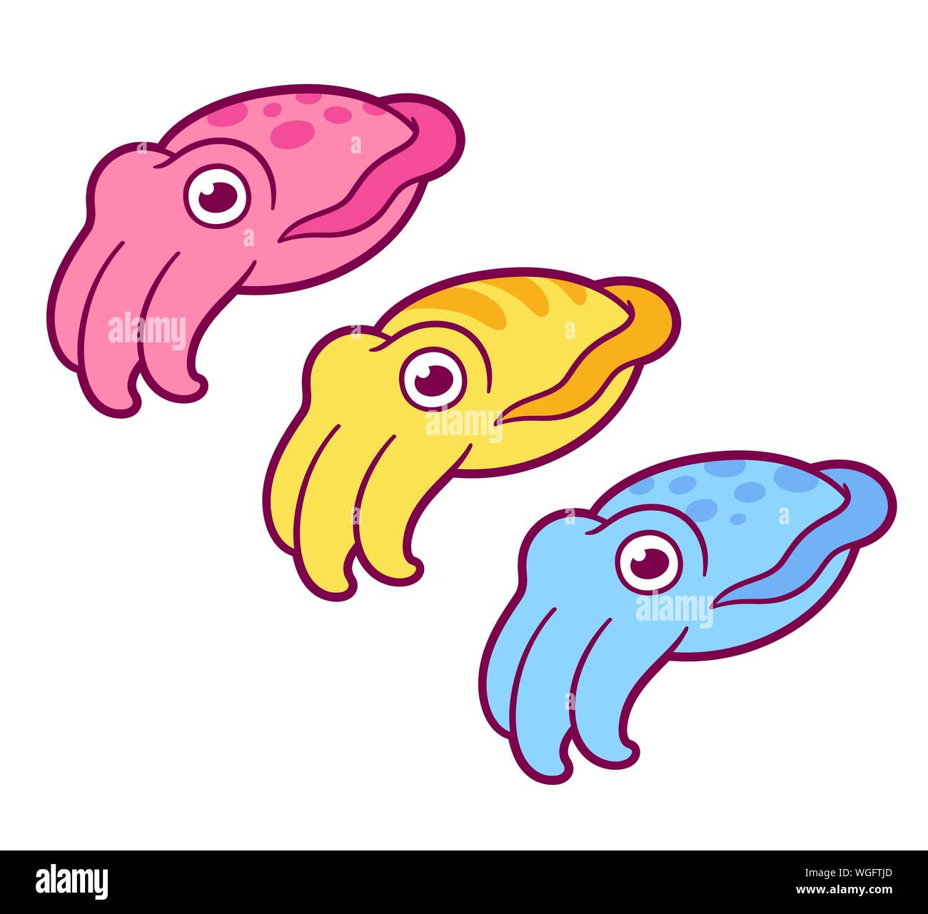 Cute cartoon Tintenfische eingestellt. Kawaii Tintenfisch Zeichnung in verschiedenen Farben, isolierte Vector clip art Illustration. Stock Vektor