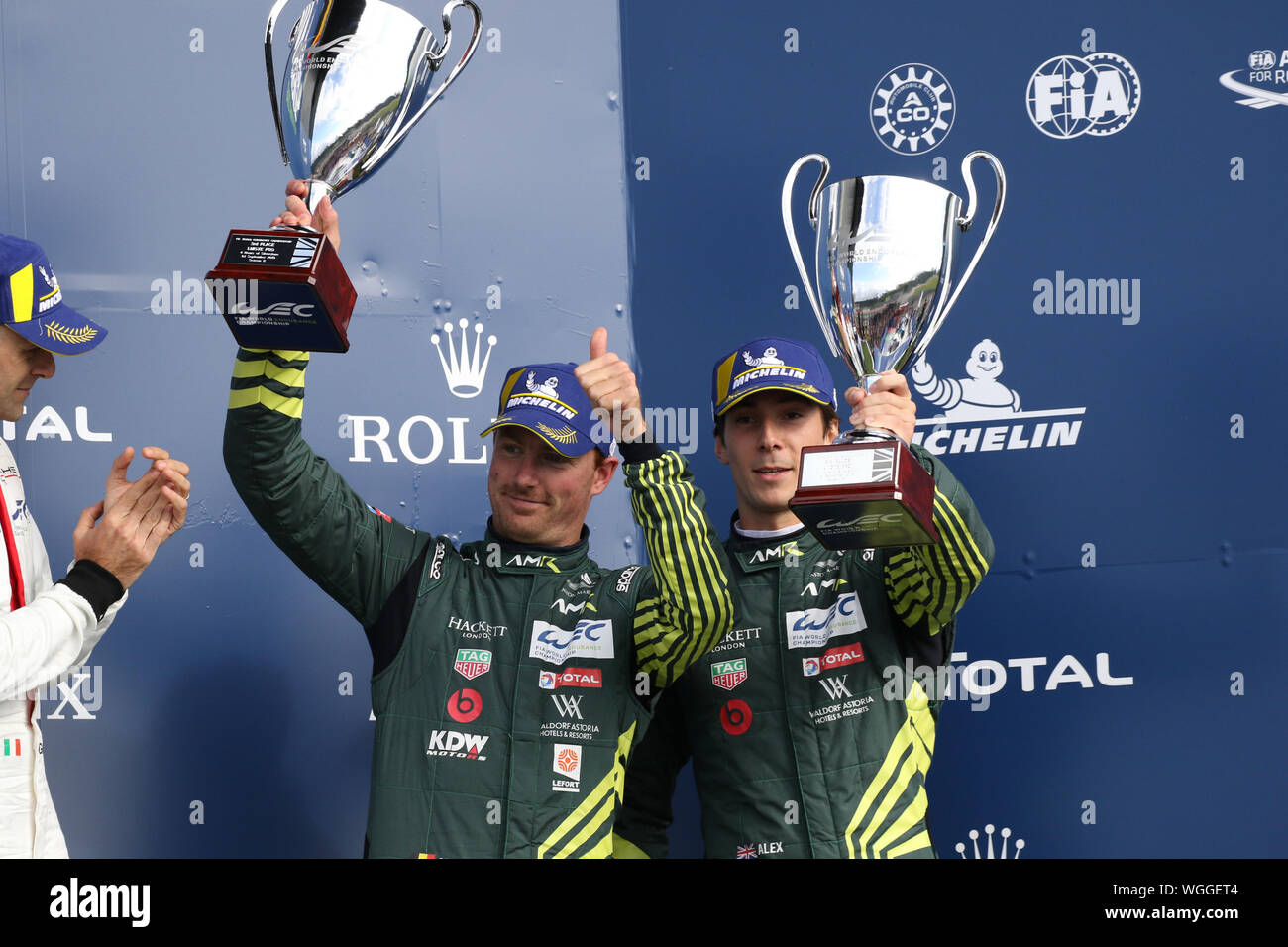 Silverstone, Großbritannien. 01 Sep, 2019. GTE Pro Podium mit #3 Aston Martin Racing fahren L-R Maxime Martin und Alex Lynn während der FIA World Endurance Championship auf dem Silverstone Circuit, Silverstone, England am 1. September 2019. Foto von Jurek Biegus. Credit: UK Sport Pics Ltd/Alamy leben Nachrichten Stockfoto