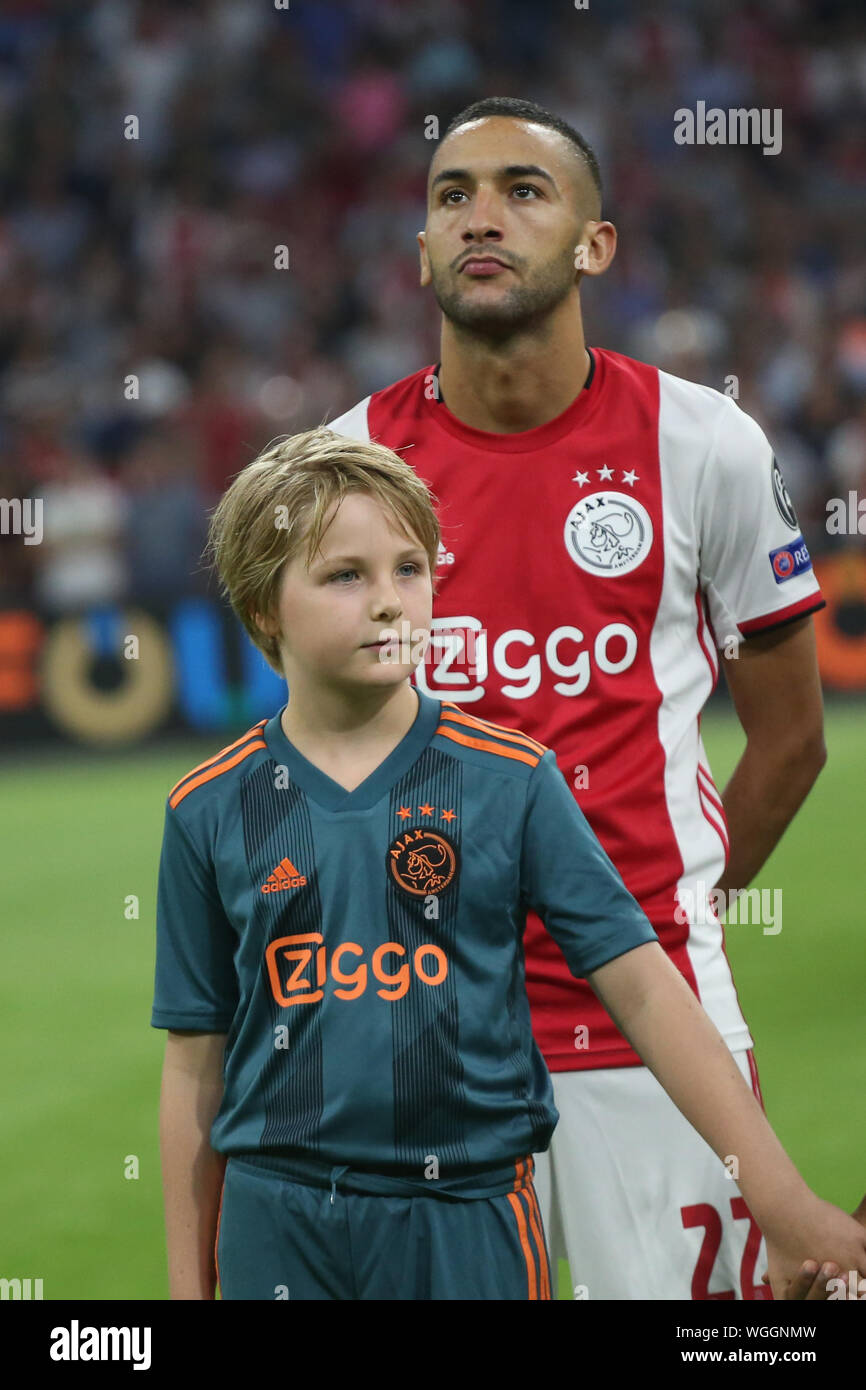 AMSTERDAM, NIEDERLANDE, 28. AUGUST 2019: Hakim Ziyech (Ajax) dargestellt, während das zweite Bein der 2019/20 der UEFA Champions League Final Qualifyi Stockfoto