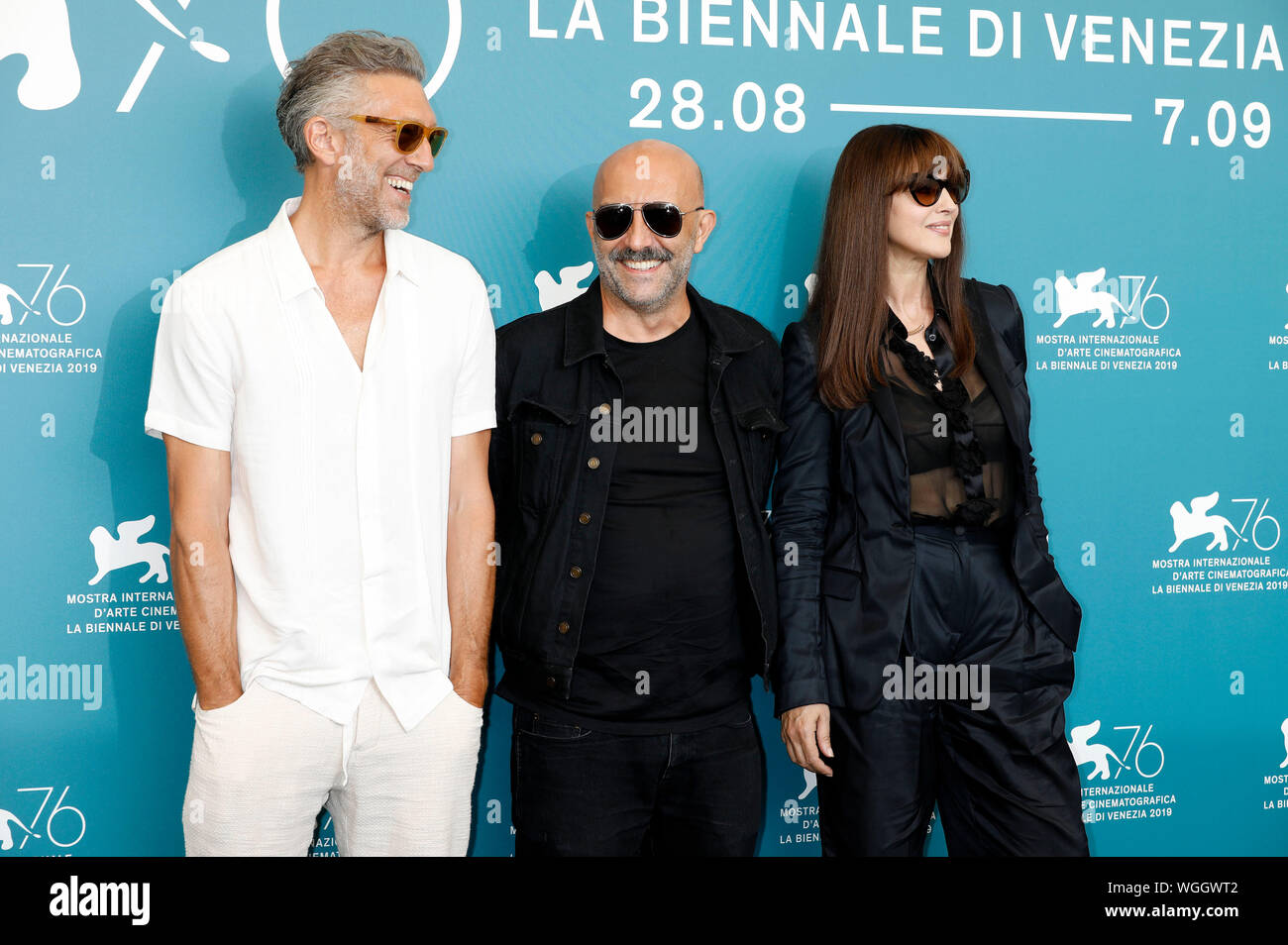 Venedig, Italien. 31 Aug, 2019. Vincent Cassel, Gaspard Noe und Monica Bellucci an Fotoshooting auf "Unumkehrbar/Irréversible" auf der Biennale in Venedig 2019/76 th Venice International Film Festival im Palazzo del Casino. Venedig, 31.08.2019 | Verwendung der weltweiten Kredit: dpa/Alamy leben Nachrichten Stockfoto