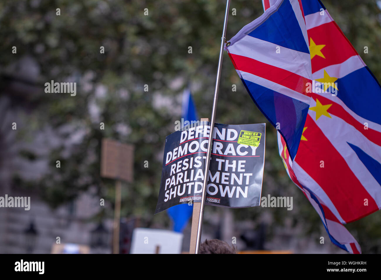 Demonstranten in Parliament Square und Downing Street UK protestieren gegen PM Boris Johnson die Entscheidung des Parlaments im Vorfeld auszusetzen - bis zu Brexit. Stockfoto