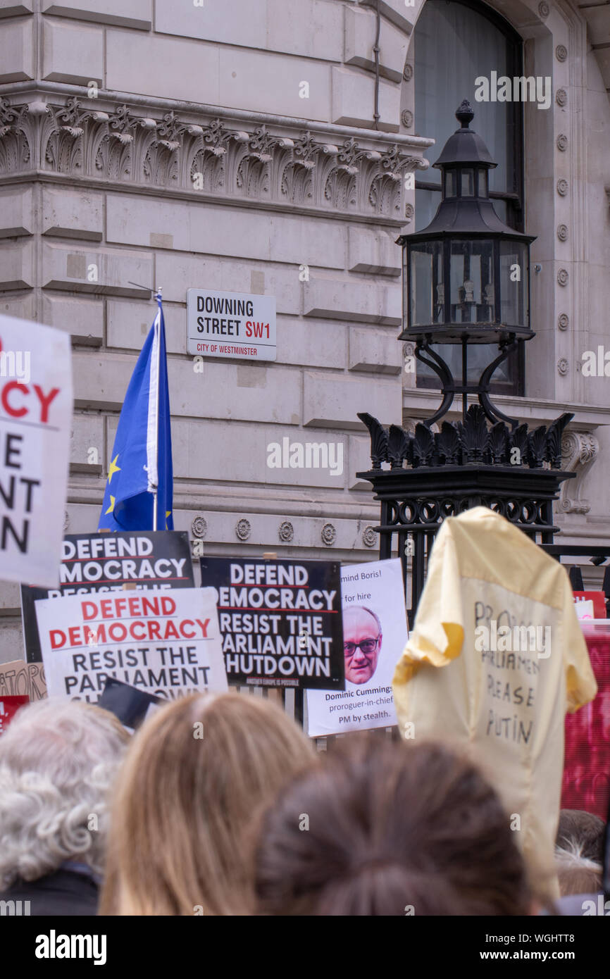 Demonstranten in Parliament Square und Downing Street UK protestieren gegen PM Boris Johnson die Entscheidung des Parlaments im Vorfeld auszusetzen - bis zu Brexit. Stockfoto