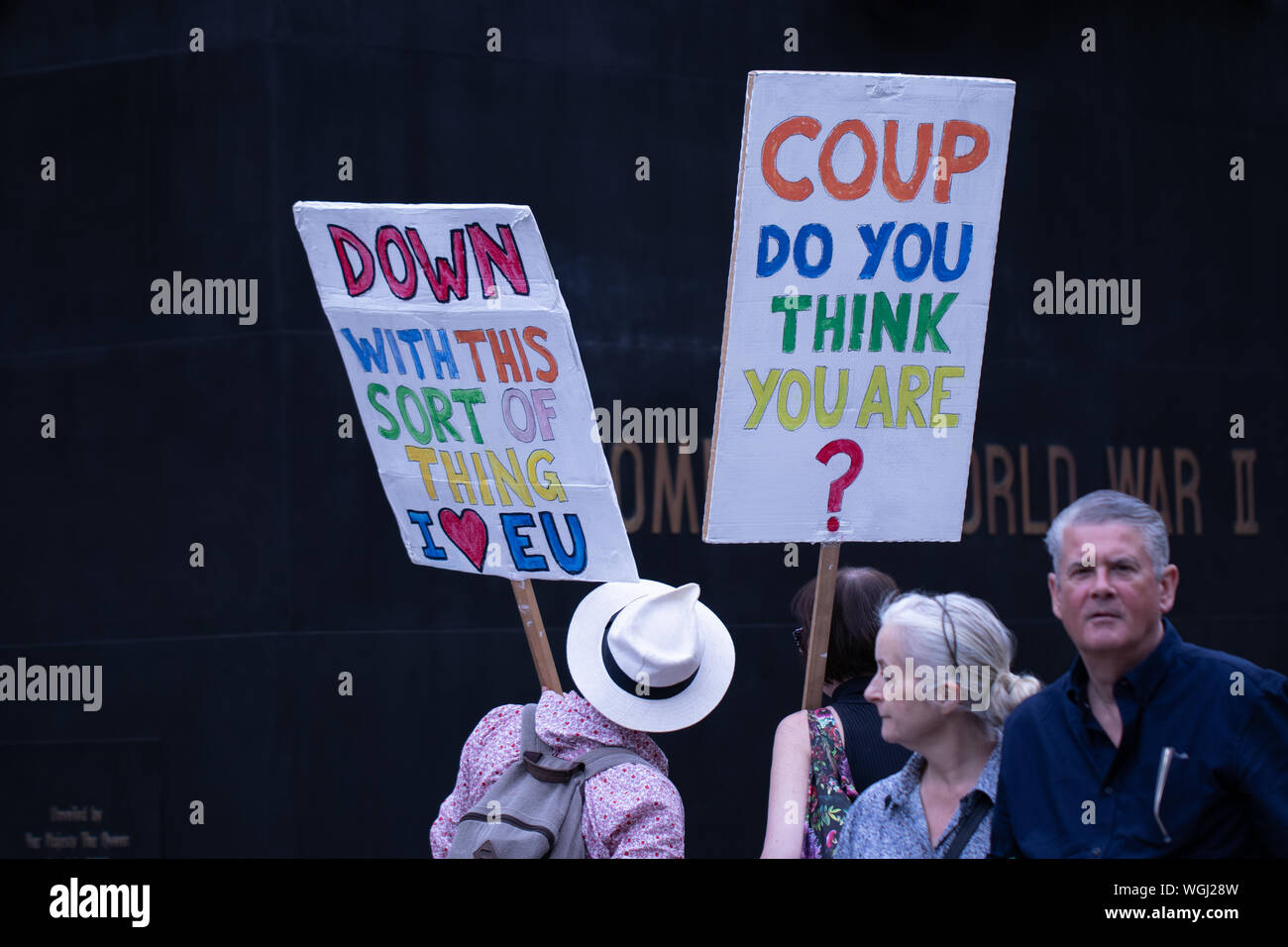 Demonstranten in Parliament Square und Downing Street UK protestieren gegen PM Boris Johnson die Entscheidung des Parlaments im Vorfeld auszusetzen - bis zu Brexit. Stockfoto