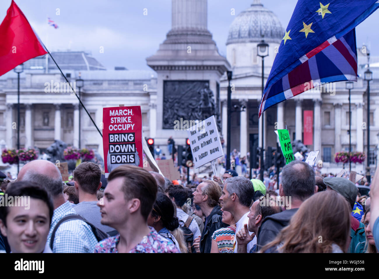 Demonstranten in Parliament Square und Downing Street UK protestieren gegen PM Boris Johnson die Entscheidung des Parlaments im Vorfeld auszusetzen - bis zu Brexit. Stockfoto