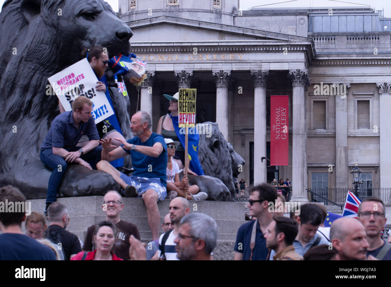 Demonstranten in Parliament Square und Downing Street UK protestieren gegen PM Boris Johnson die Entscheidung des Parlaments im Vorfeld auszusetzen - bis zu Brexit. Stockfoto