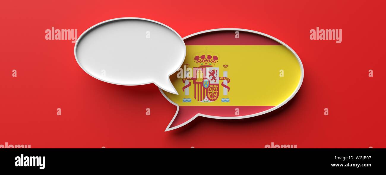 Kommunikation in der spanischen Sprache, Übersetzung. Spanien Flagge Sprechblase und leere Blase gegen roten Hintergrund, Banner. 3D-Darstellung Stockfoto