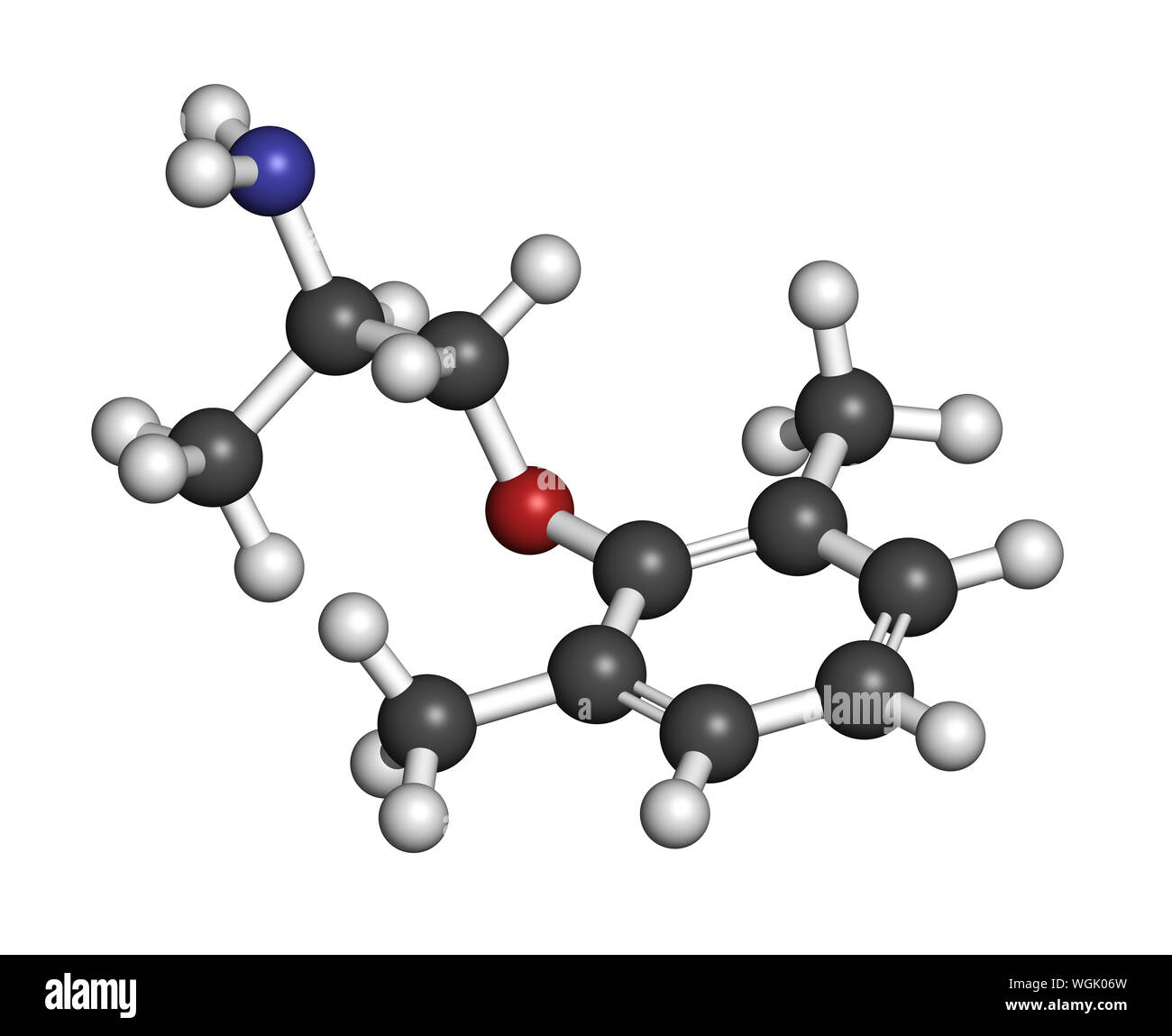 Mexiletin Droge Molekül. 3D-Rendering. Atome sind als Kugeln mit konventionellen Farbcodierung: Wasserstoff (weiß), Kohlenstoff (grau), Stickstoff (Bl vertreten Stockfoto