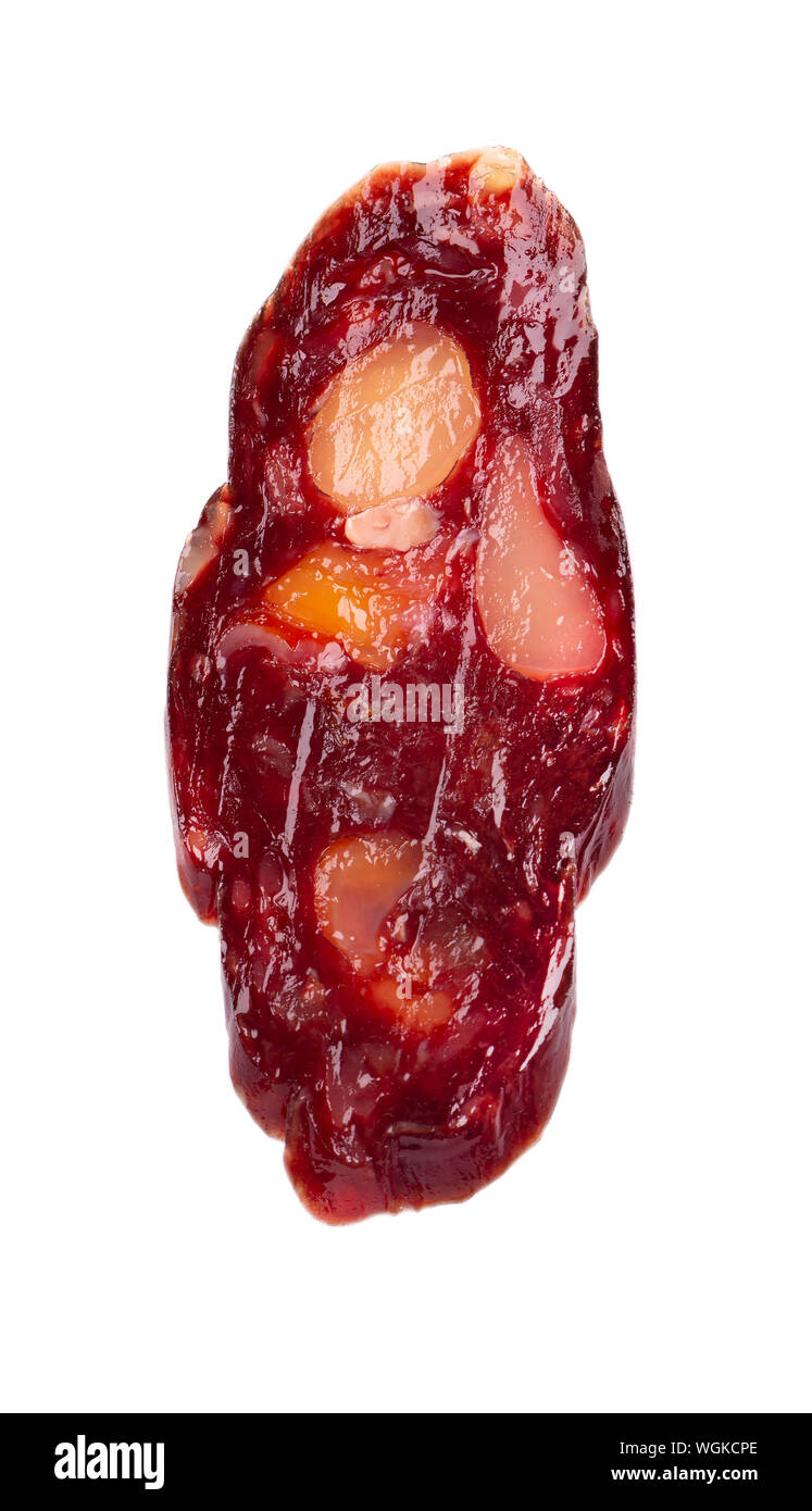 Pferd Wurst in Scheiben schneiden. Leckere getrocknete Wurst,, schließen auf weißem Hintergrund. Ansicht von oben. Stockfoto